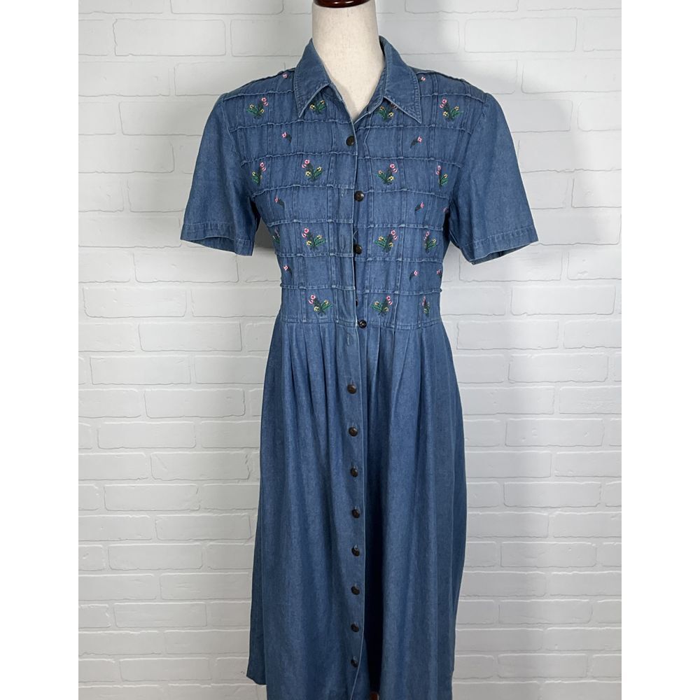 Karin Stevens Dress Women 8 Blue‎ Pink Floral Denim Embroidery  Pintuck VTG 80s